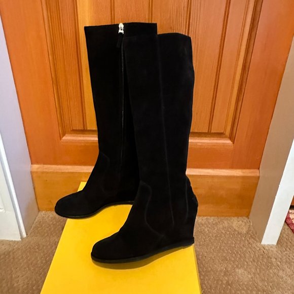 FENDI Black Suede Tall Wedge Cathy Boot, Size 39.5 - Picture 2 of 12